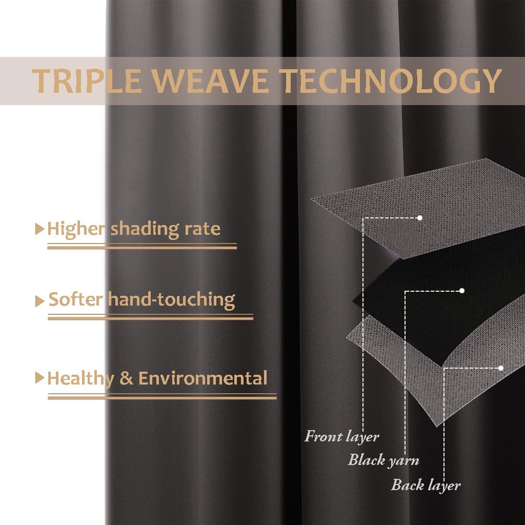 Charcoal gray blackout curtain fabric showing triple weave technology with visible black yarn layer.