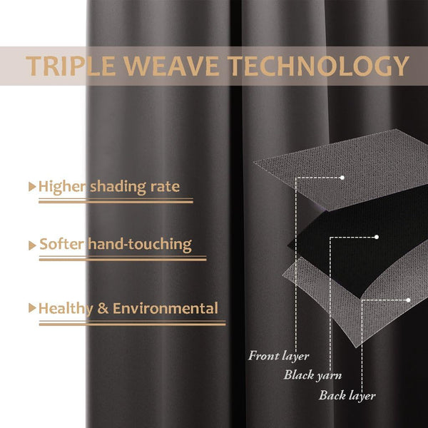 Charcoal gray blackout curtain fabric showing triple weave technology with visible black yarn layer.