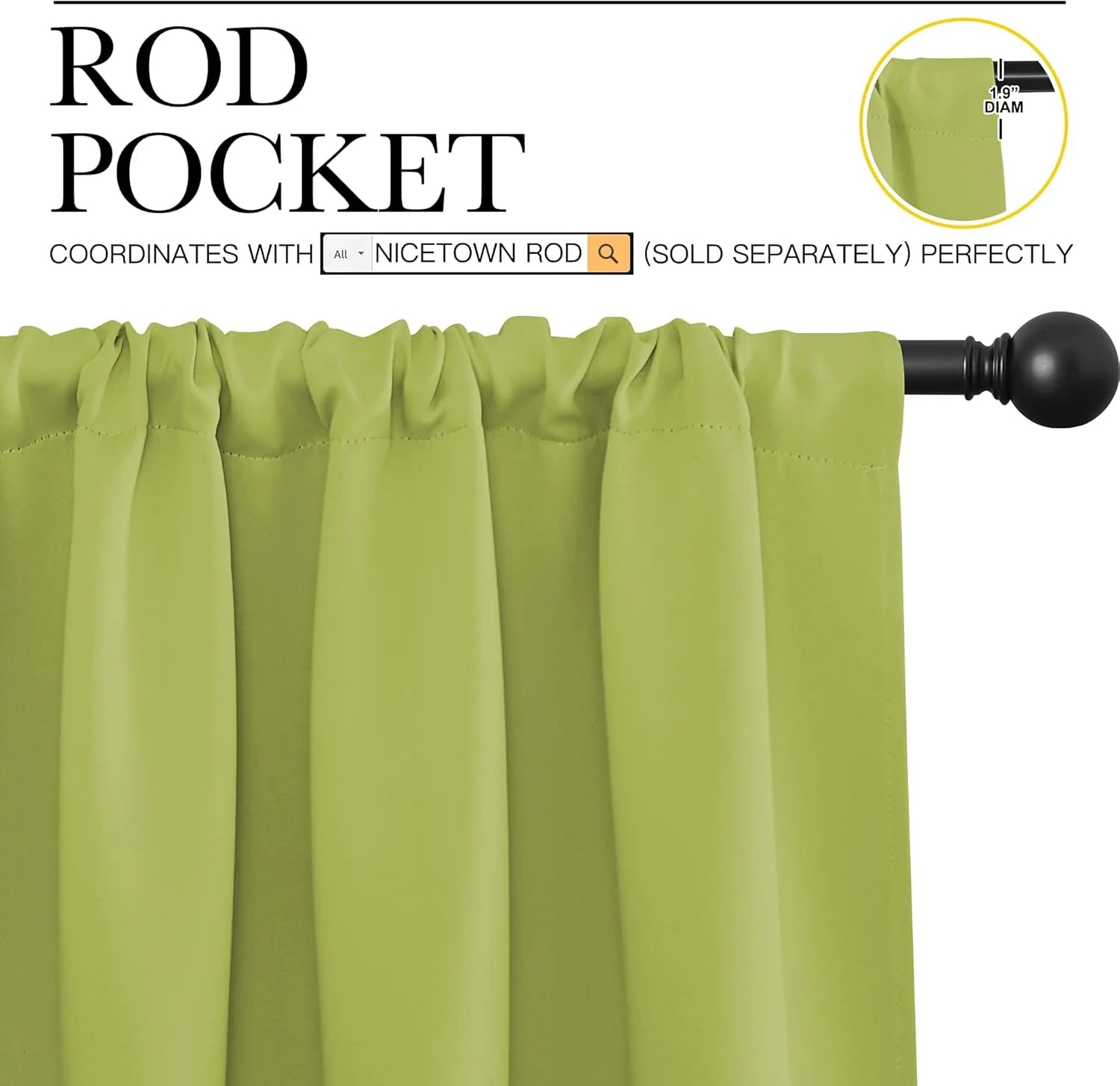 Close-up of a chartreuse green rod pocket curtain on a black rod, emphasizing the gathered fabric.