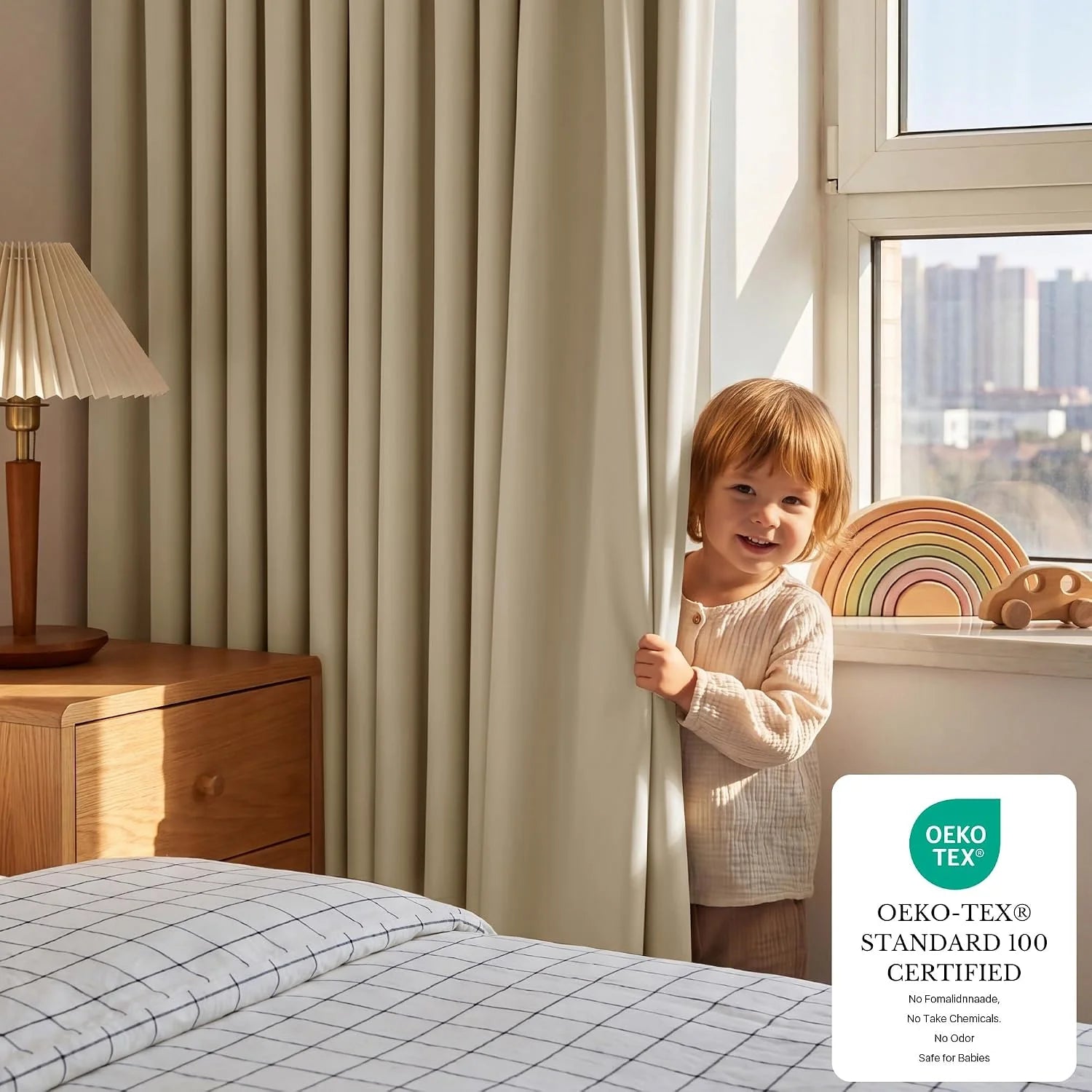 Young child peeking from behind cream curtains in a bedroom, OEKO-TEX certified