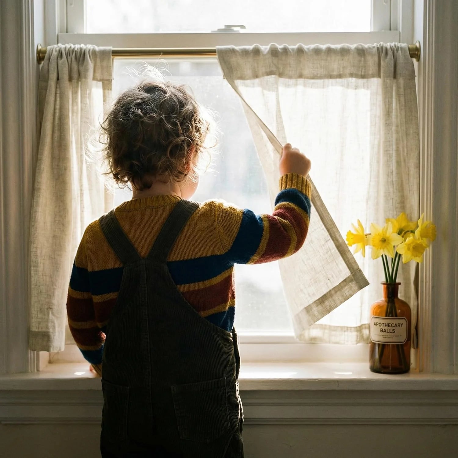 A toddler in a striped sweater looks out a sunlit window, holding a light linen curtain aside. Yellow daffodils are on the sill.