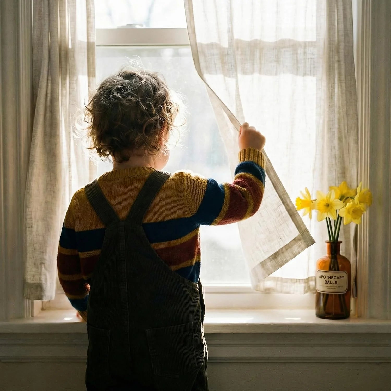 Young child in striped sweater looks out sunlit window, holding sheer curtain. Daffodils on sill.