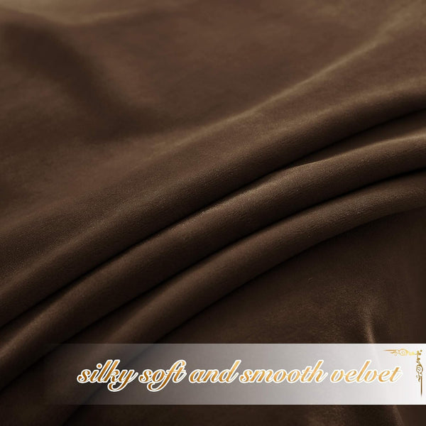Close-up of a luxurious chocolate brown velvet fabric, featuring soft drapes and a silky smooth texture with subtle sheen.