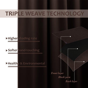 Dark brown triple weave blackout curtain fabric. Diagram shows layered construction.
