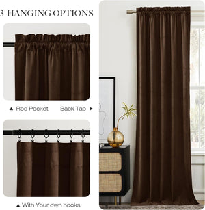 Chocolate brown velvet curtain with rod pocket, back tab, and hook options.