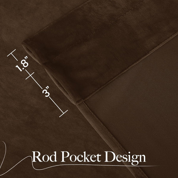 Close-up of a chocolate brown velvet curtain panel, showcasing the rod pocket design with 1.8 and 3 inch pocket dimensions clearly visible.