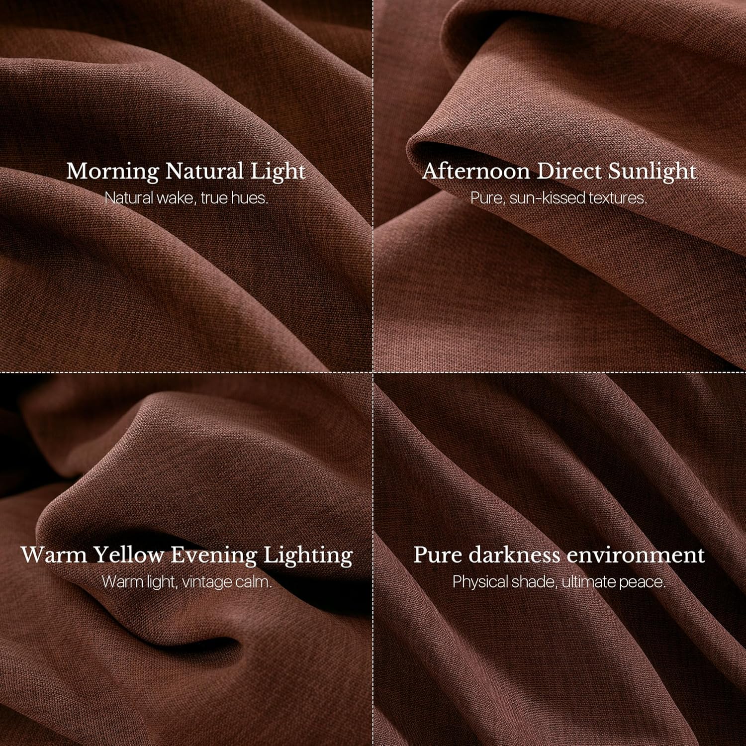 Textured dark brown blackout fabric, shown demonstrating light-blocking from natural light to pure darkness.