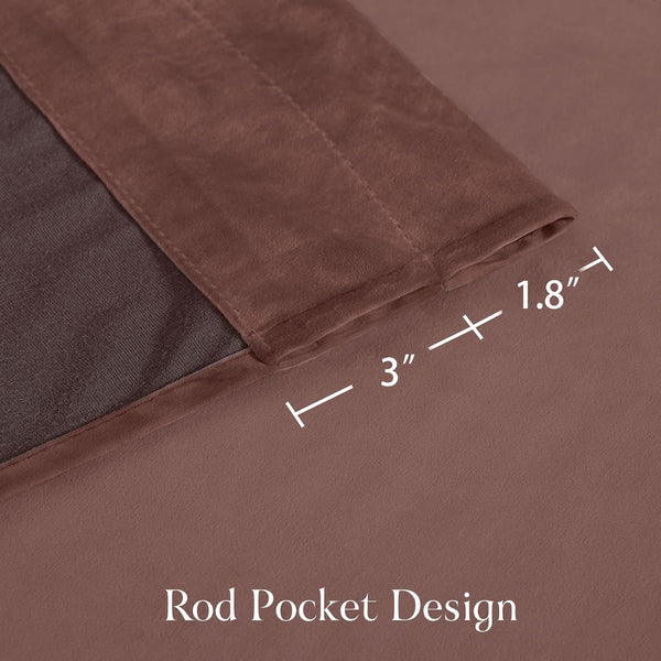 Chocolate brown velvet curtain top featuring rod pocket design with 3" pocket and 1.8" header.