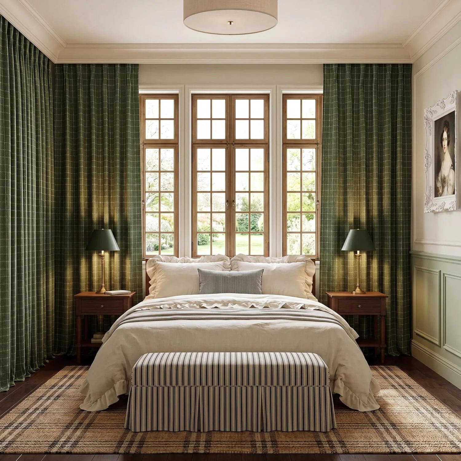 Classic bedroom: cream bed, dark wood nightstands, green plaid curtains, striped bench, plaid rug.