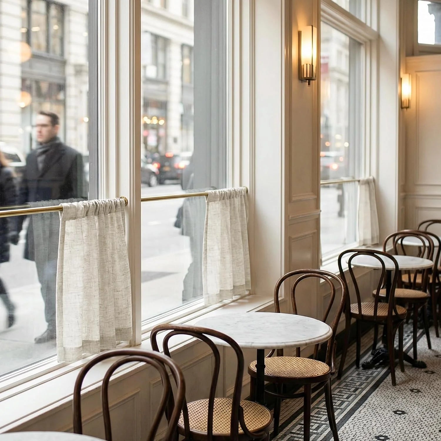 Classic cafe interior with marble tables, bentwood chairs, sheer curtains, and a bustling city street visible through large windows.