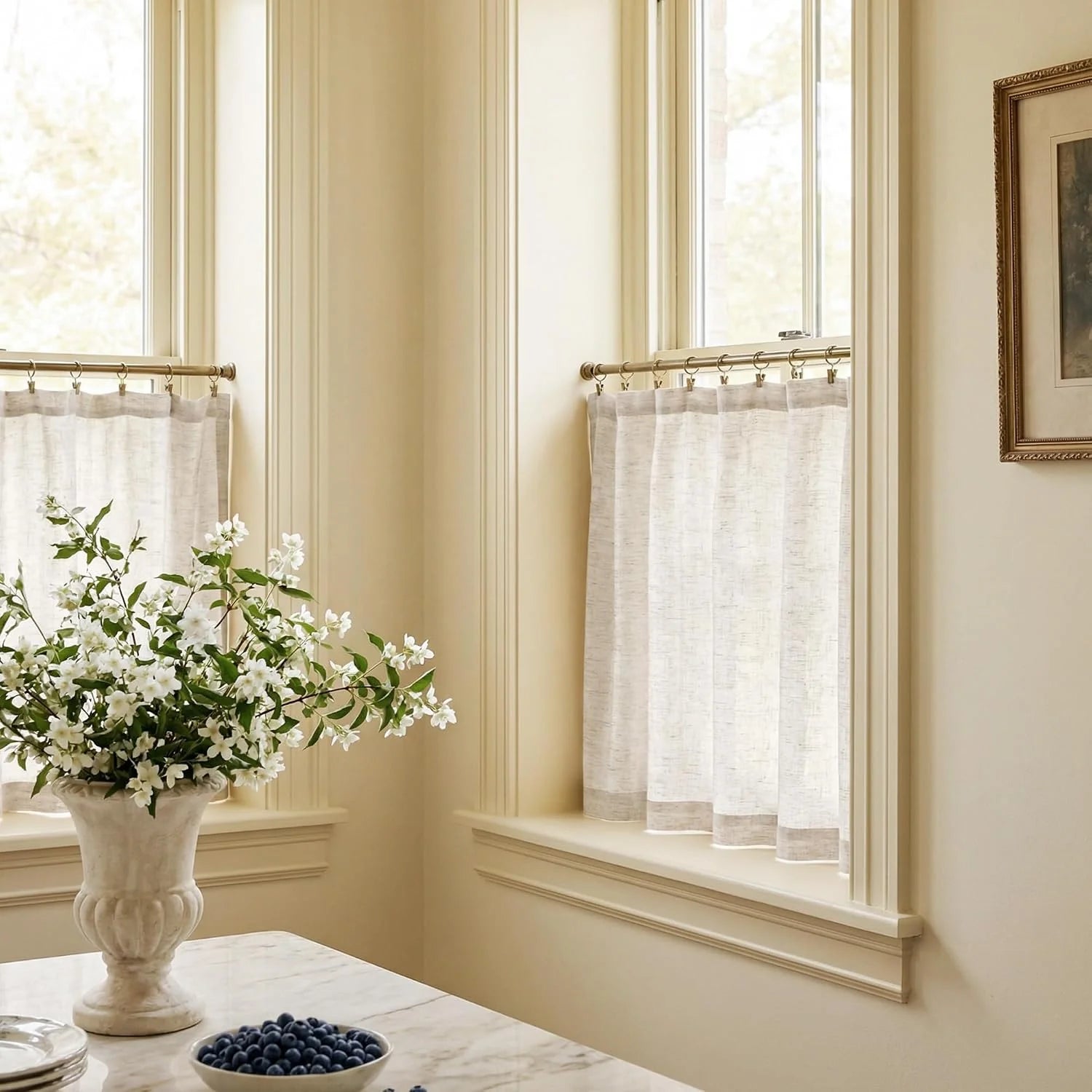 Sunlit room with two sheer cream linen cafe curtains on brass rods, white flowers, blueberries on marble table