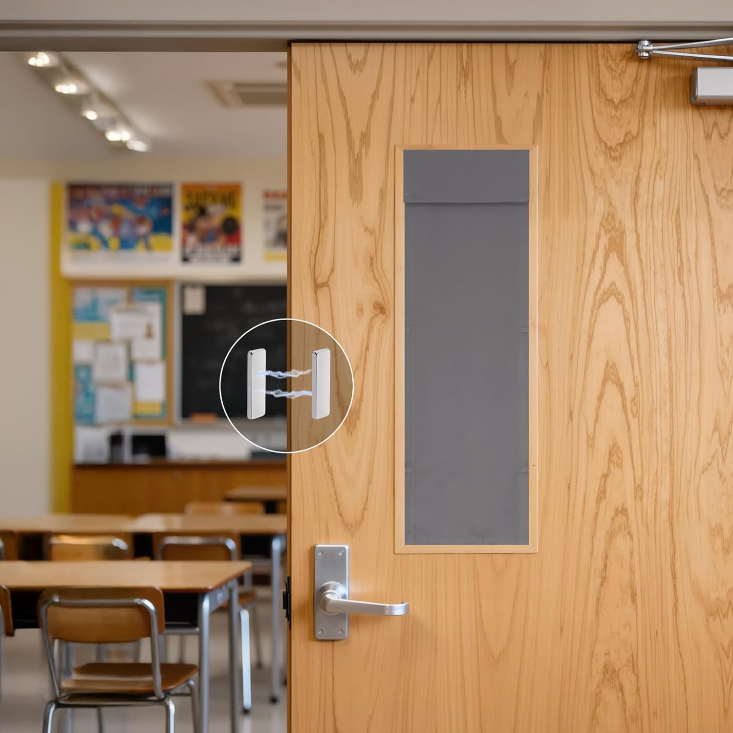 White magnetic door security sensor on wooden classroom door. Grey window cover and classroom interior visible.
