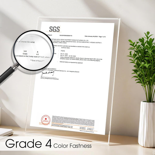 Clear acrylic display holder presenting an SGS test report detailing Grade 4 color fastness for woven fabric.