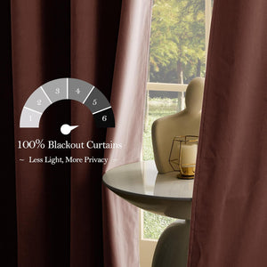 Rich coffee brown 100% blackout curtains with heavy fabric, demonstrating maximum light blocking at a window.