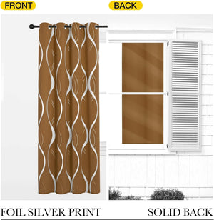 Coffee brown grommet top curtain with silver foil wavy print and solid back.