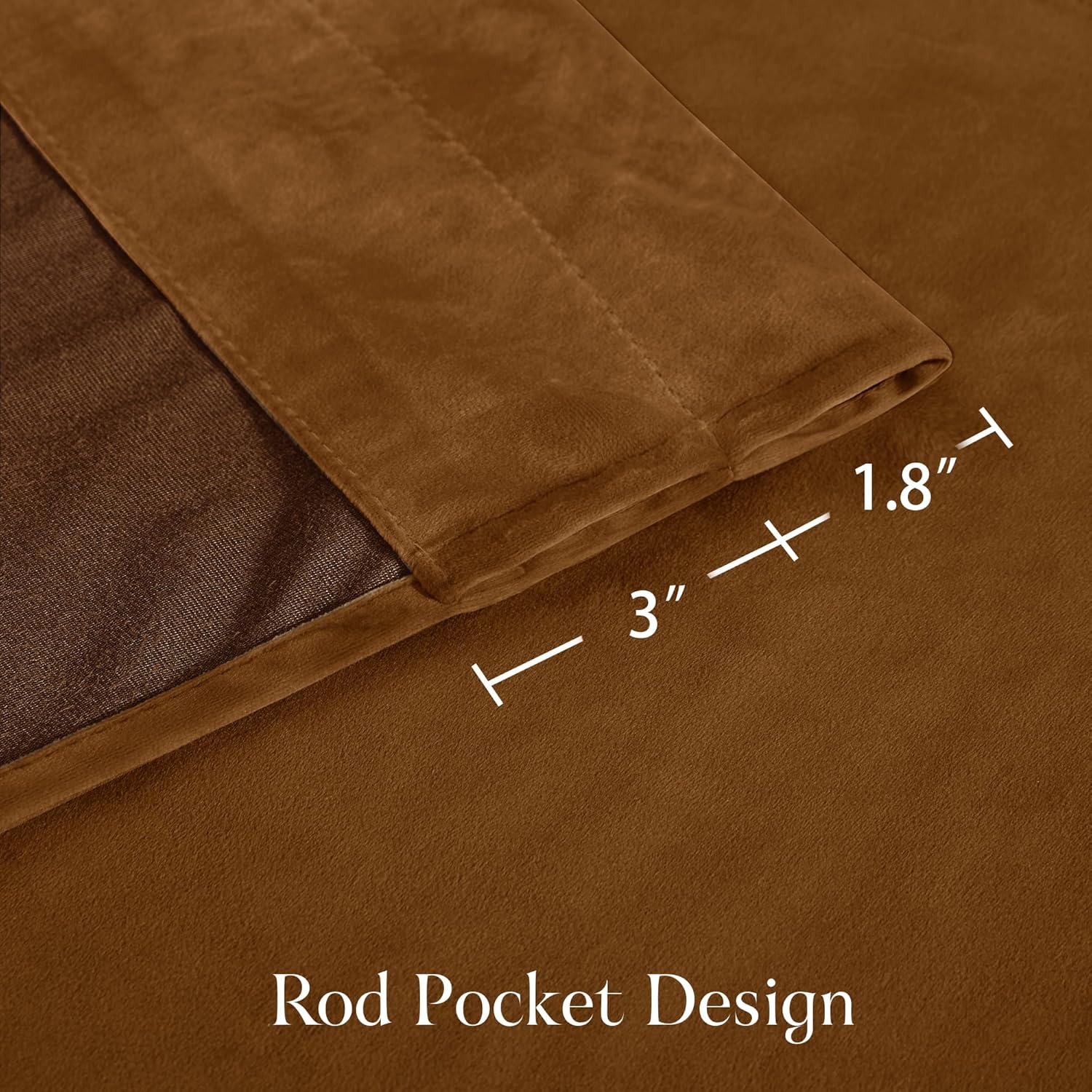 Close-up of a rich cognac brown velvet curtain, showcasing its rod pocket design with a 3-inch pocket.