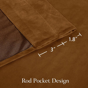 Close-up of a rich cognac brown velvet curtain, showcasing its rod pocket design with a 3-inch pocket.