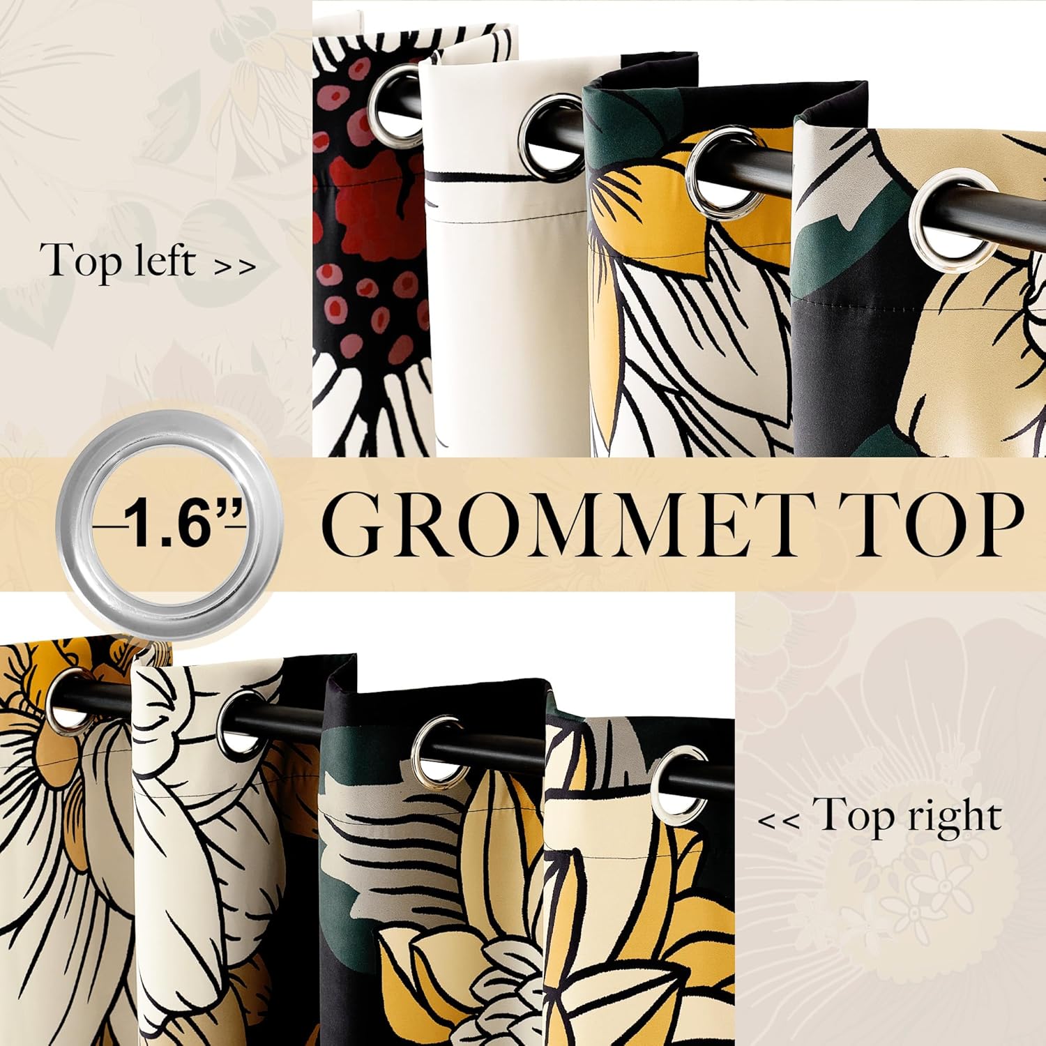 Assortment of floral patterned grommet top curtains in various colors on a rod, showcasing a 1.6-inch grommet.