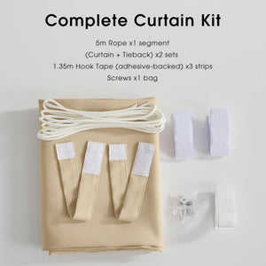 Beige DIY curtain kit with folded fabric, white rope, adhesive hook tape, fabric tiebacks, and screws.