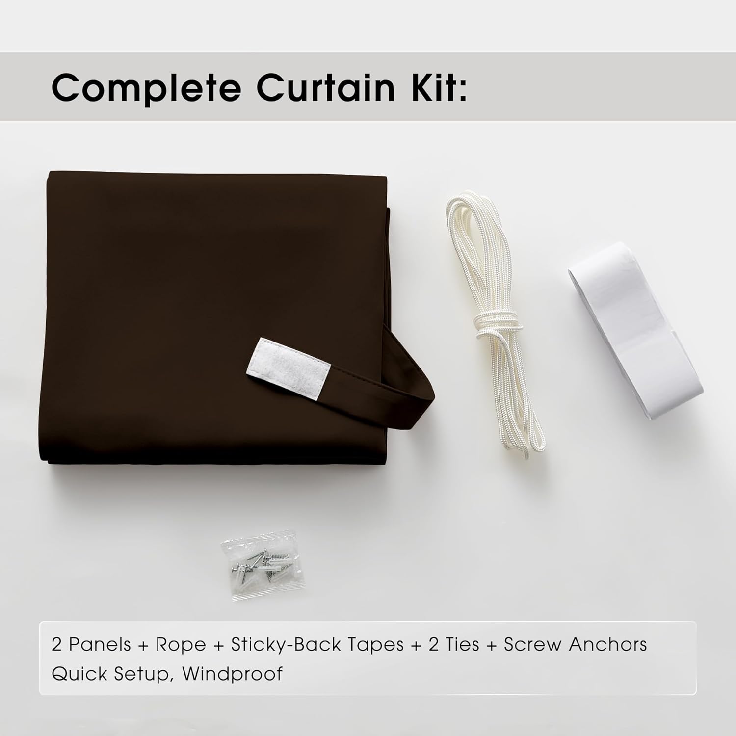Complete dark brown windproof curtain kit, showing 2 panels, rope, sticky tape, ties, and anchors.