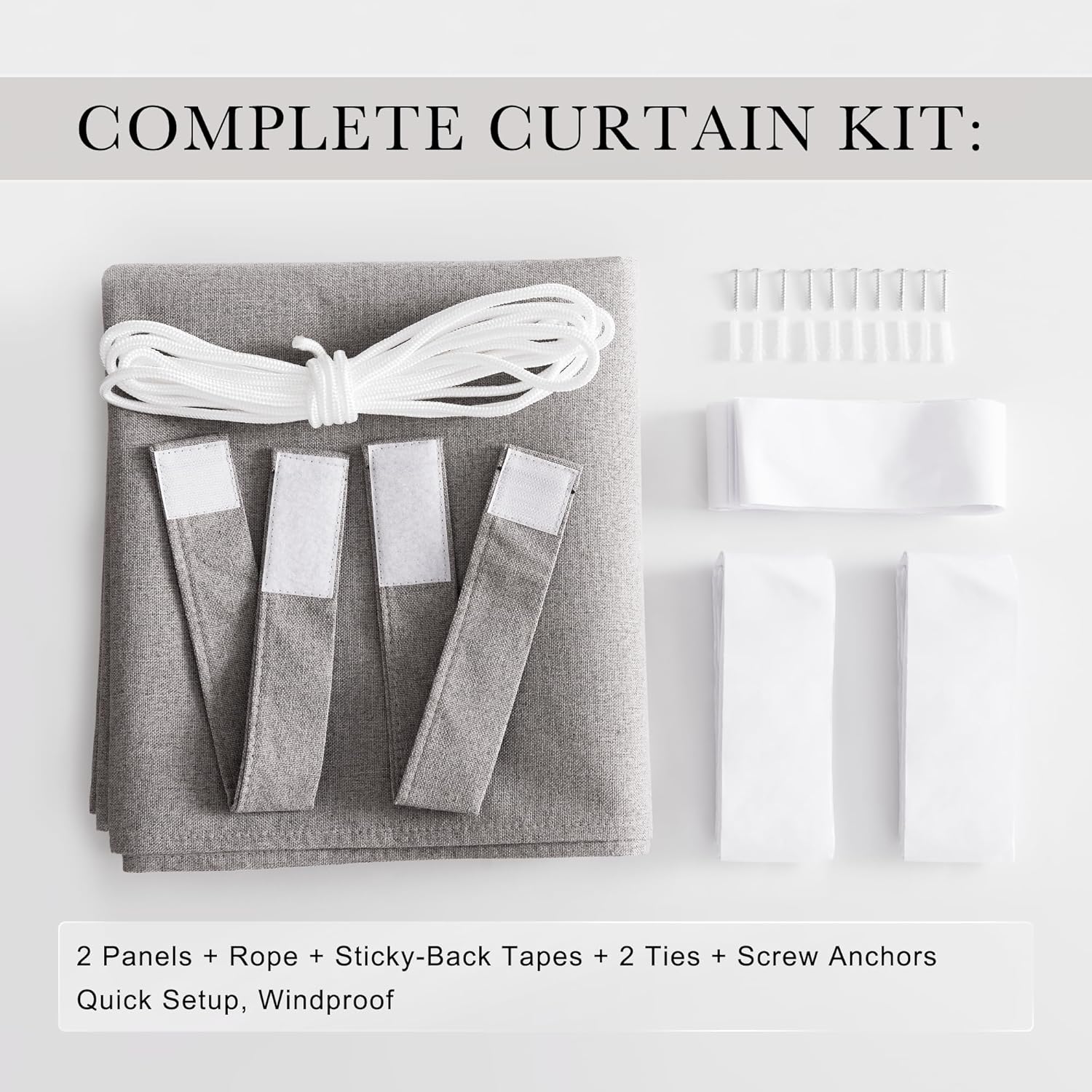 Windproof gray fabric curtain kit. Includes two panels, rope, tapes, ties, and screw anchors.