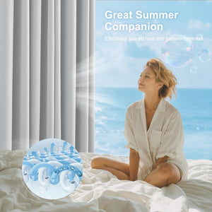 Woman relaxes on white breathable cooling sheets in sunny bedroom overlooking ocean; graphic shows fabric technology.