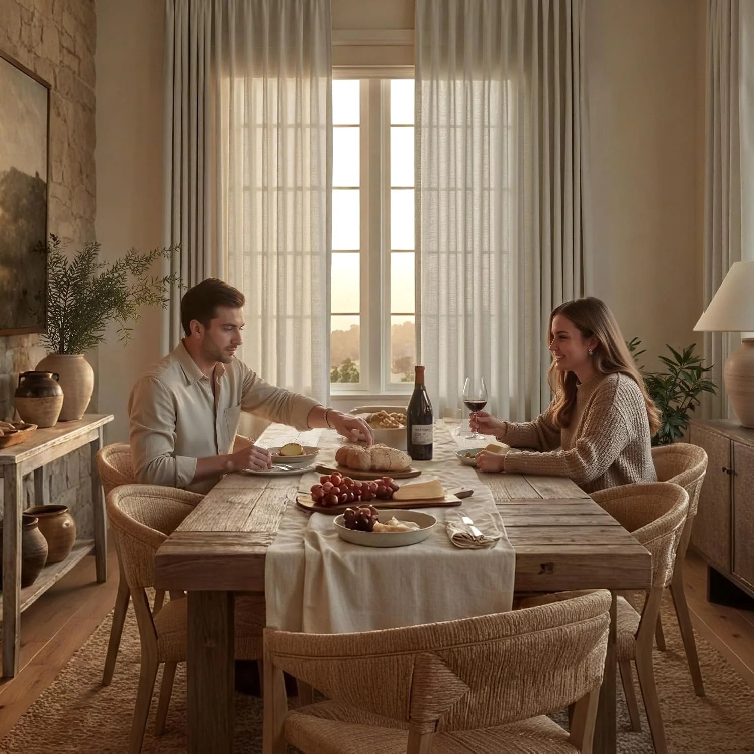 Couple dining at rustic wooden table with wine, cheese, and bread by sunlit window.