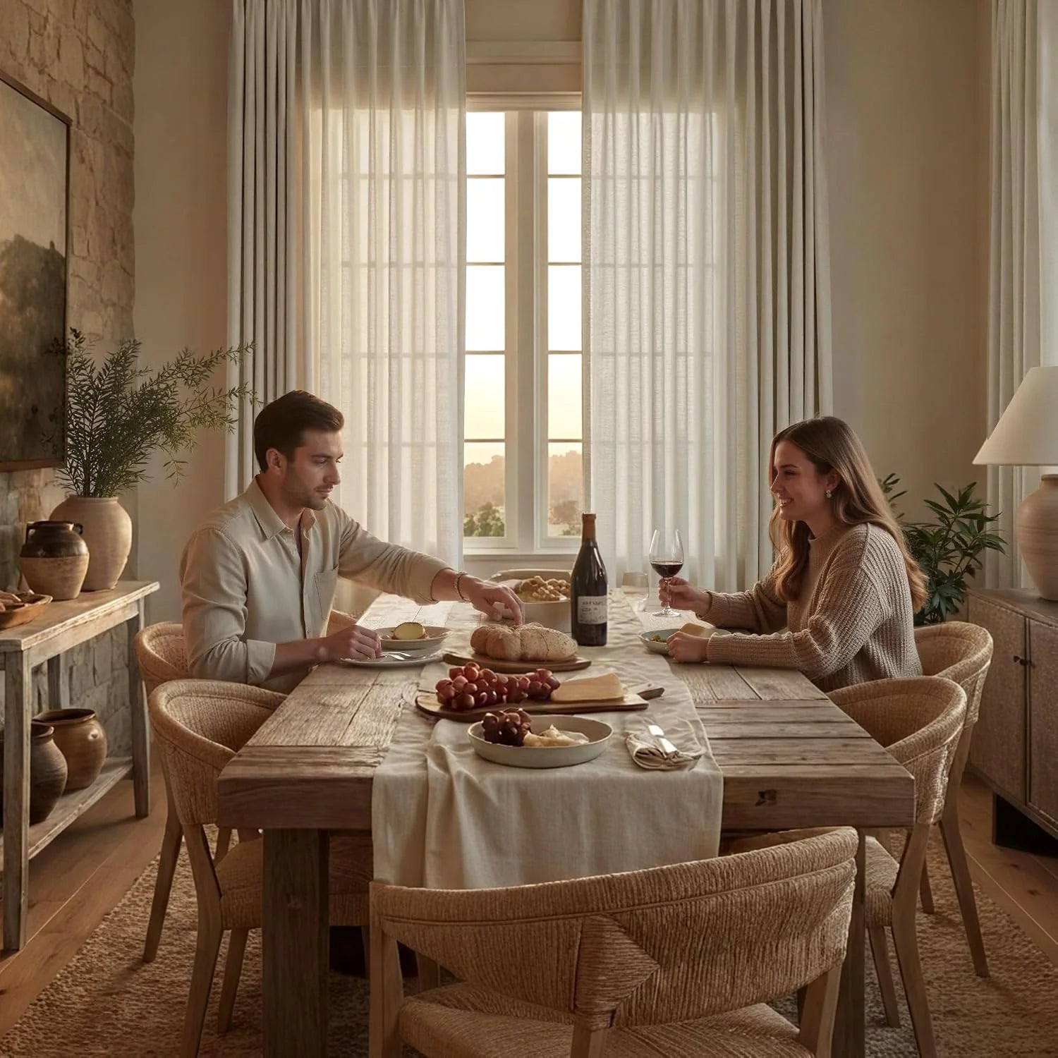 Couple dining at rustic wooden table with woven chairs, wine, and grapes in a warm room.