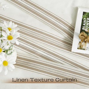 Cream and beige striped linen texture curtain fabric, showcasing rustic woven patterns.