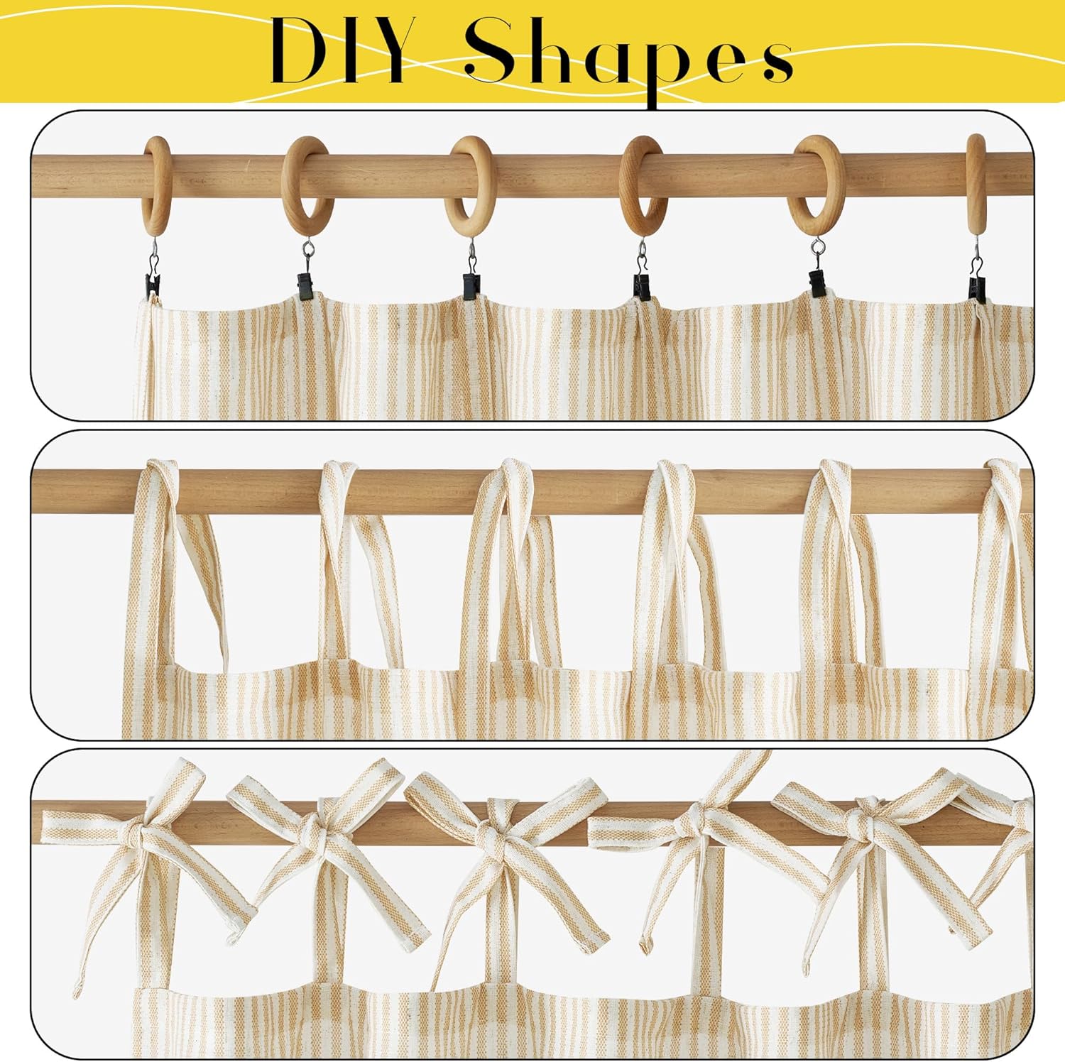 Cream and beige striped tie-top curtain, demonstrating hanging with clips, loops, and bows.
