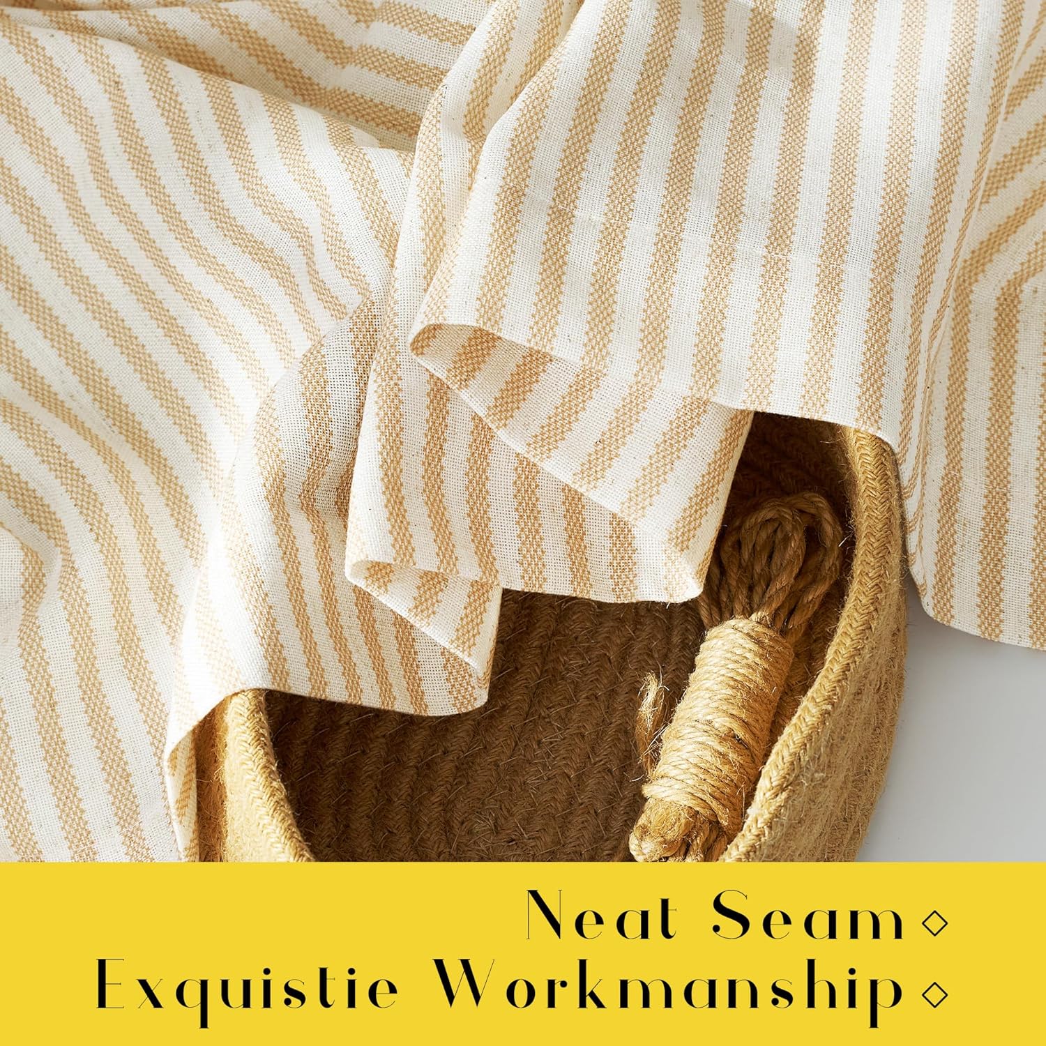 Cream and beige striped woven fabric with a visible textured weave, draped over a natural fiber basket.