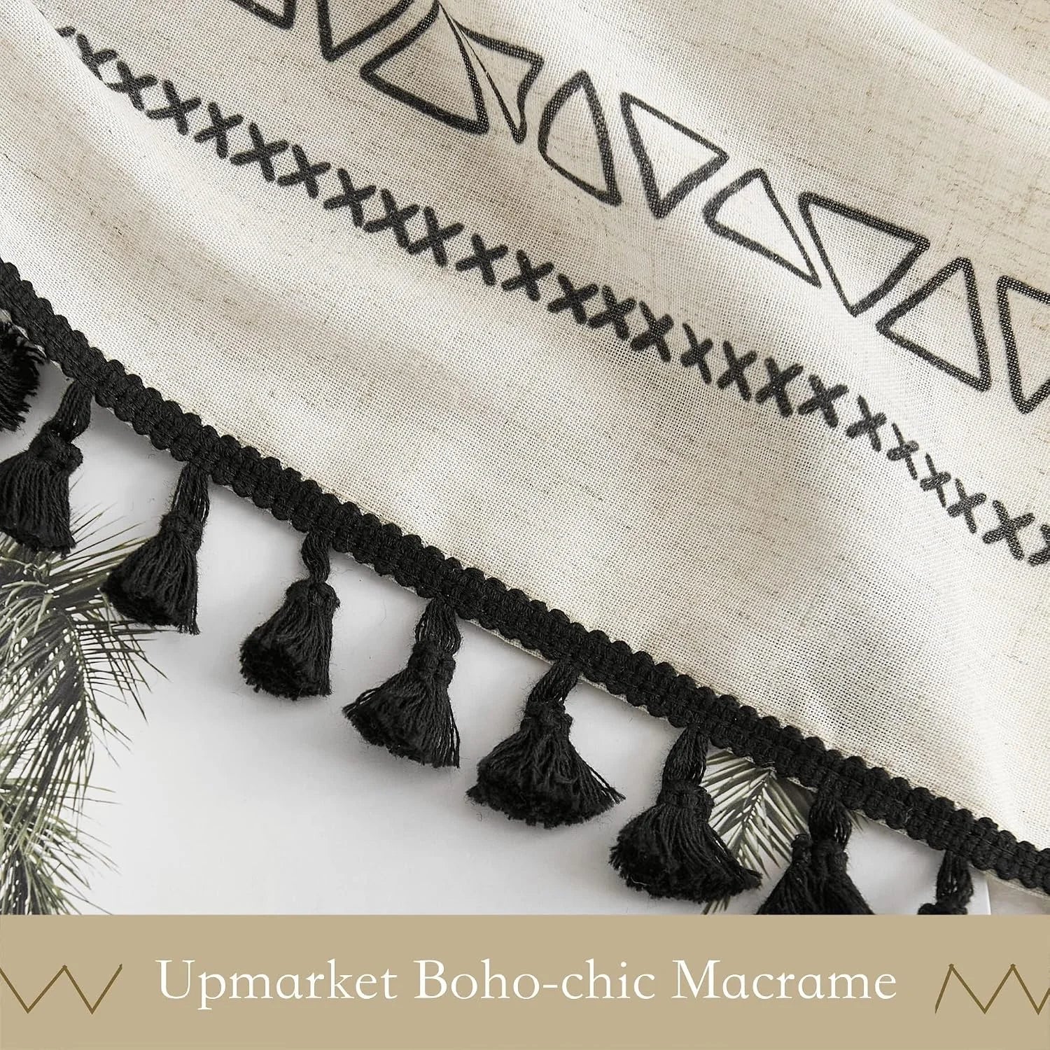 Cream boho textile with black geometric embroidery and tassel fringe trim