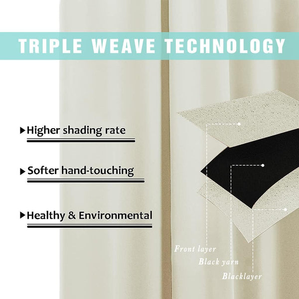 Cream blackout curtain showing triple weave technology with black yarn layer for high shading rate.