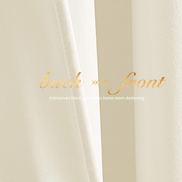 Close-up of cream blackout curtain fabric. Shows smooth front, textured back with interwoven black yarn.