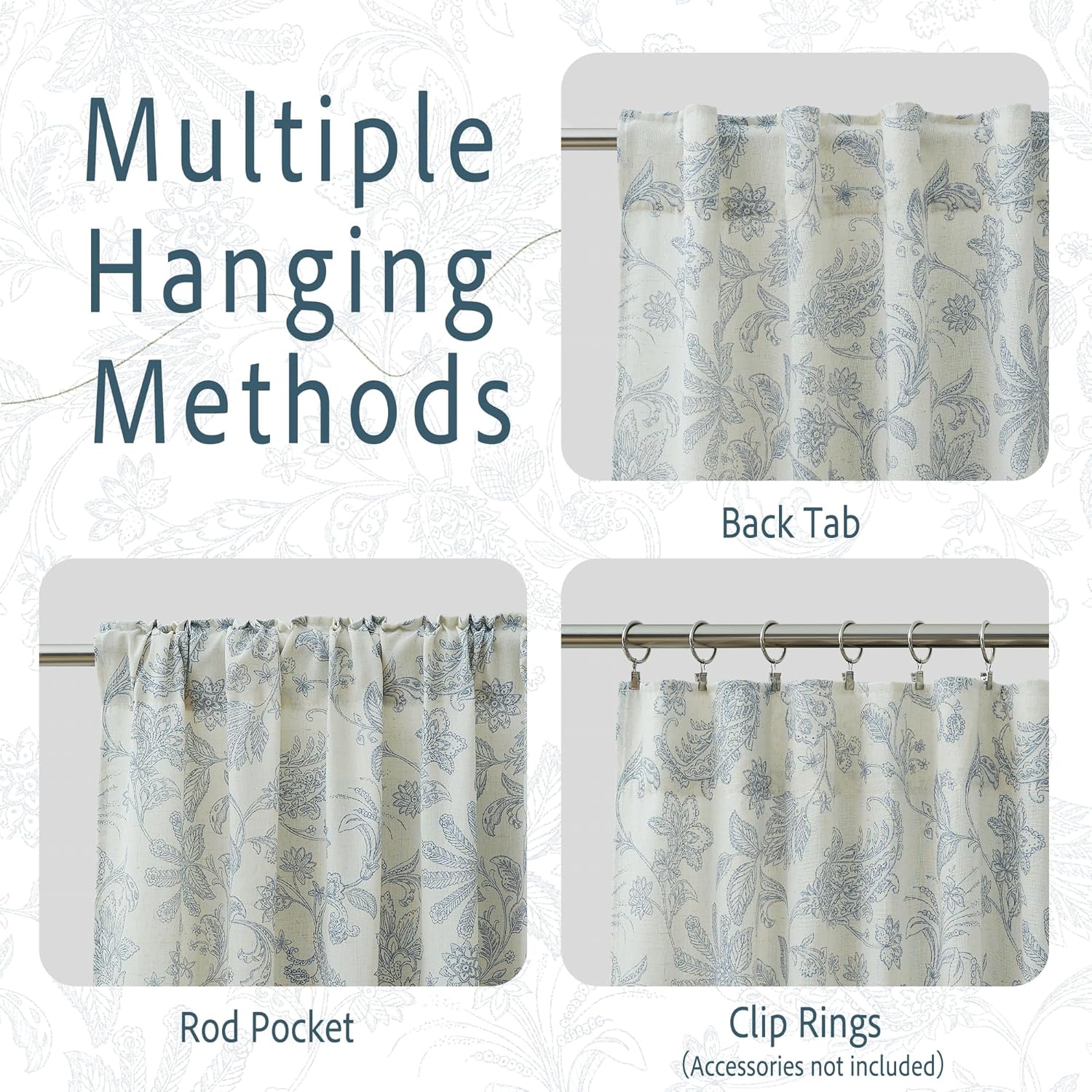 Light cream curtain with blue floral patterns, displaying back tab, rod pocket, and clip ring hanging methods.