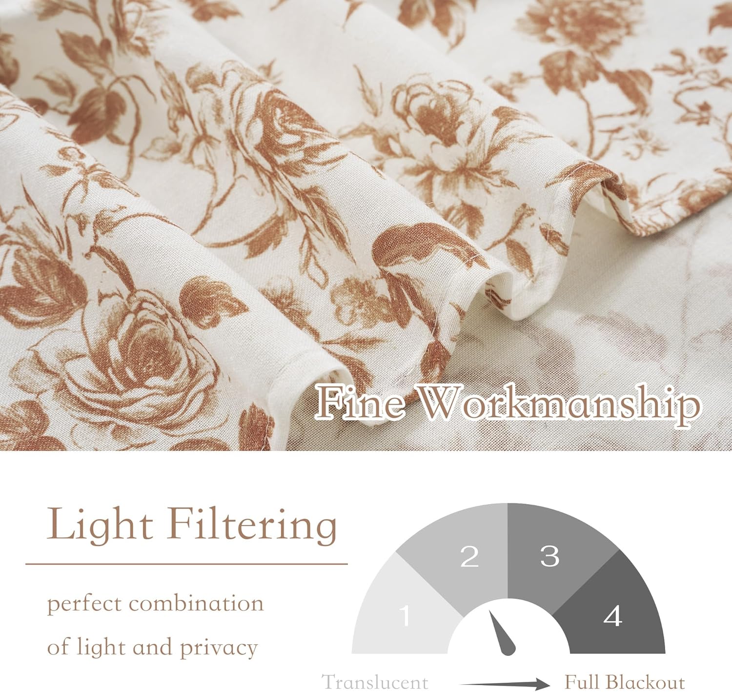 Close-up of cream light filtering curtain fabric with a detailed brown floral rose pattern.