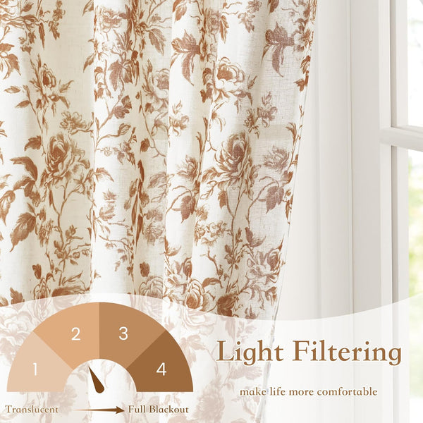 Off-white curtains with elegant brown floral pattern for light filtering window privacy.