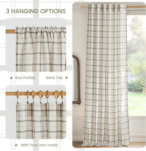 Cream and brown plaid curtain panel, showcasing rod pocket, back tab, and ring clip hanging options.