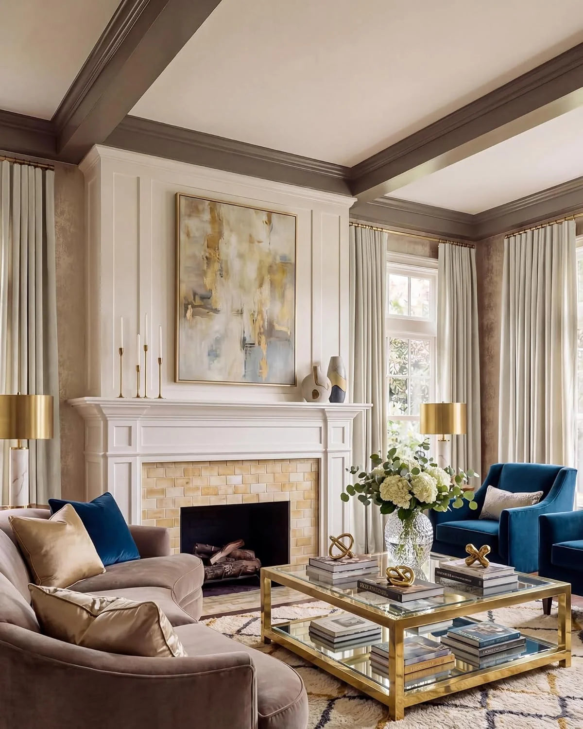 Elegant living room with cream drapes, white fireplace, brass glass coffee table, and blue velvet chairs