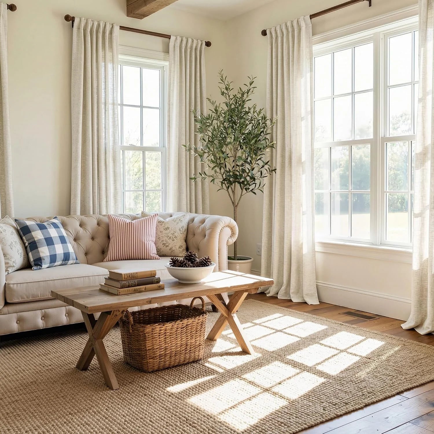 Bright farmhouse living room with cream pinch-pleat curtains, tufted sofa, and jute rug.