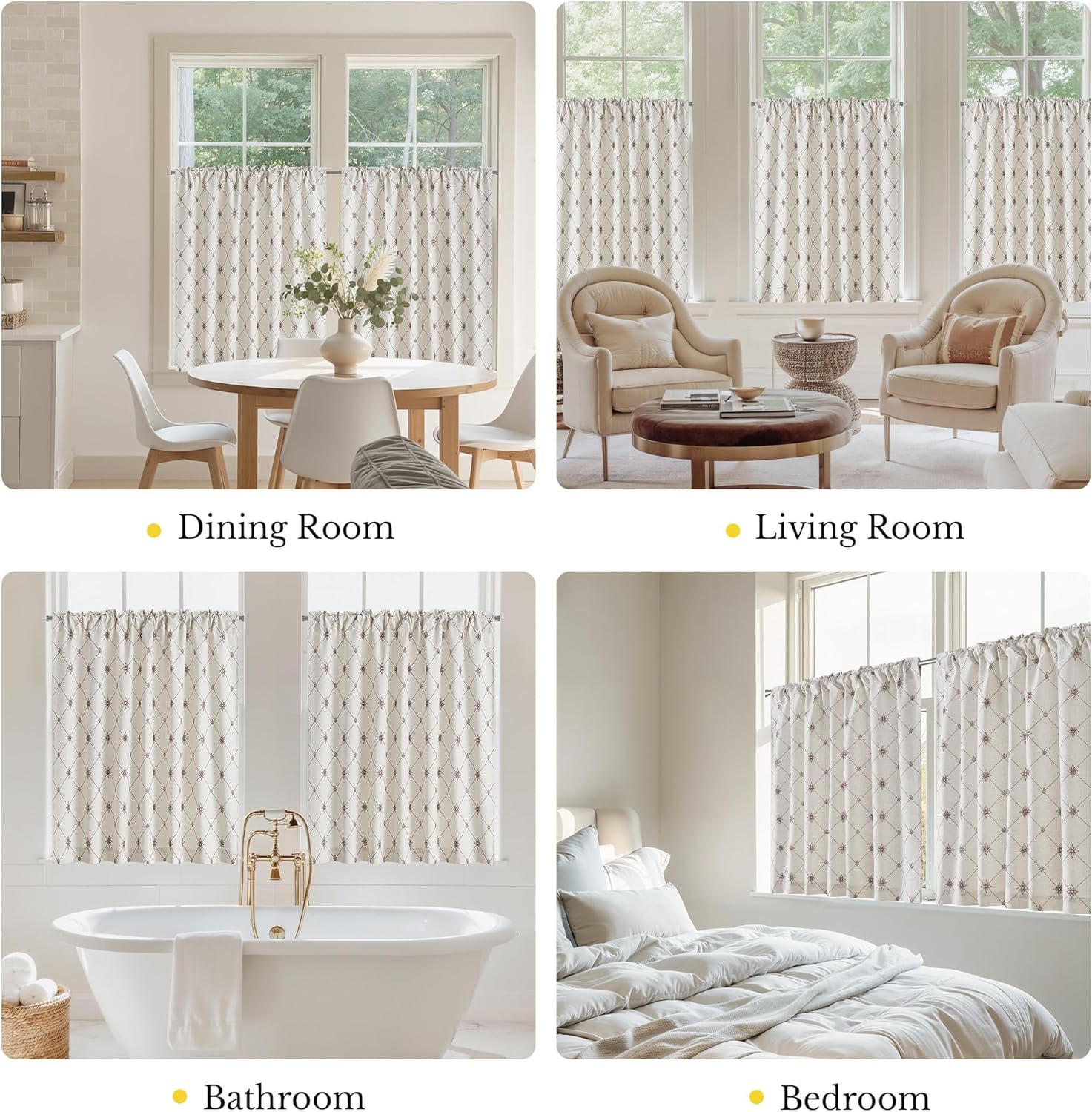 Cream cafe tier curtains featuring a dark geometric diamond pattern with a gathered rod pocket top.