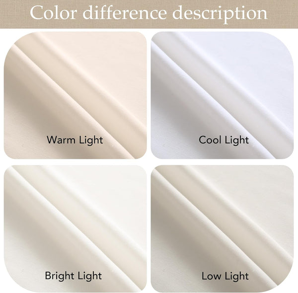 Cream fabric swatch shown under warm, cool, bright, and low lighting conditions to illustrate color variations.