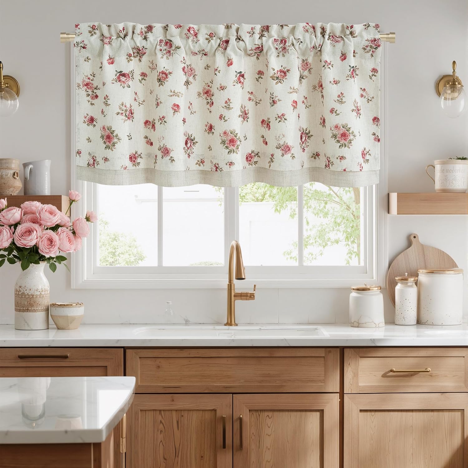 Cream valance with delicate pink rose floral pattern, gathered top, adorning a kitchen window.