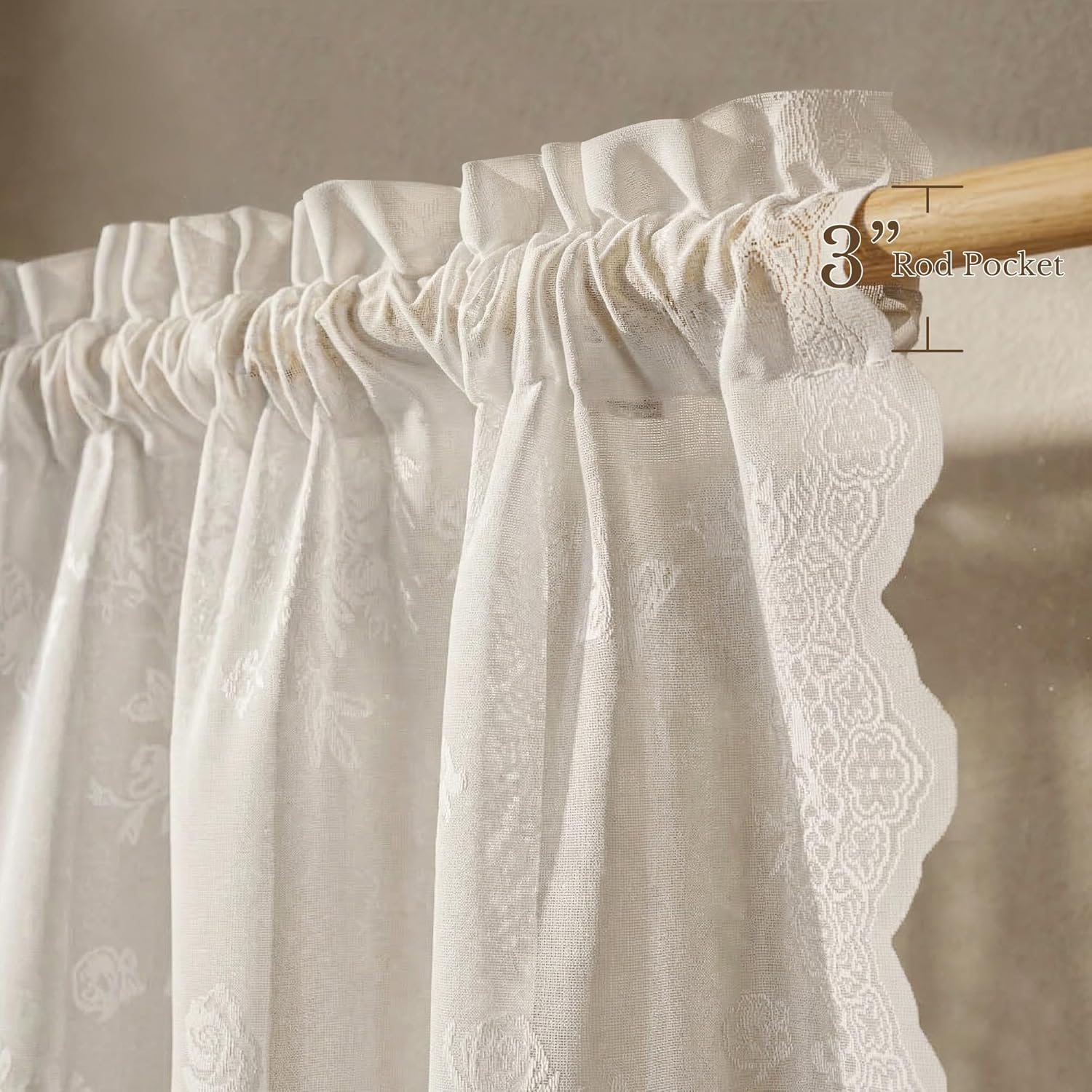 Cream sheer floral valance with ruffled top, scalloped lace trim, 3-inch rod pocket.