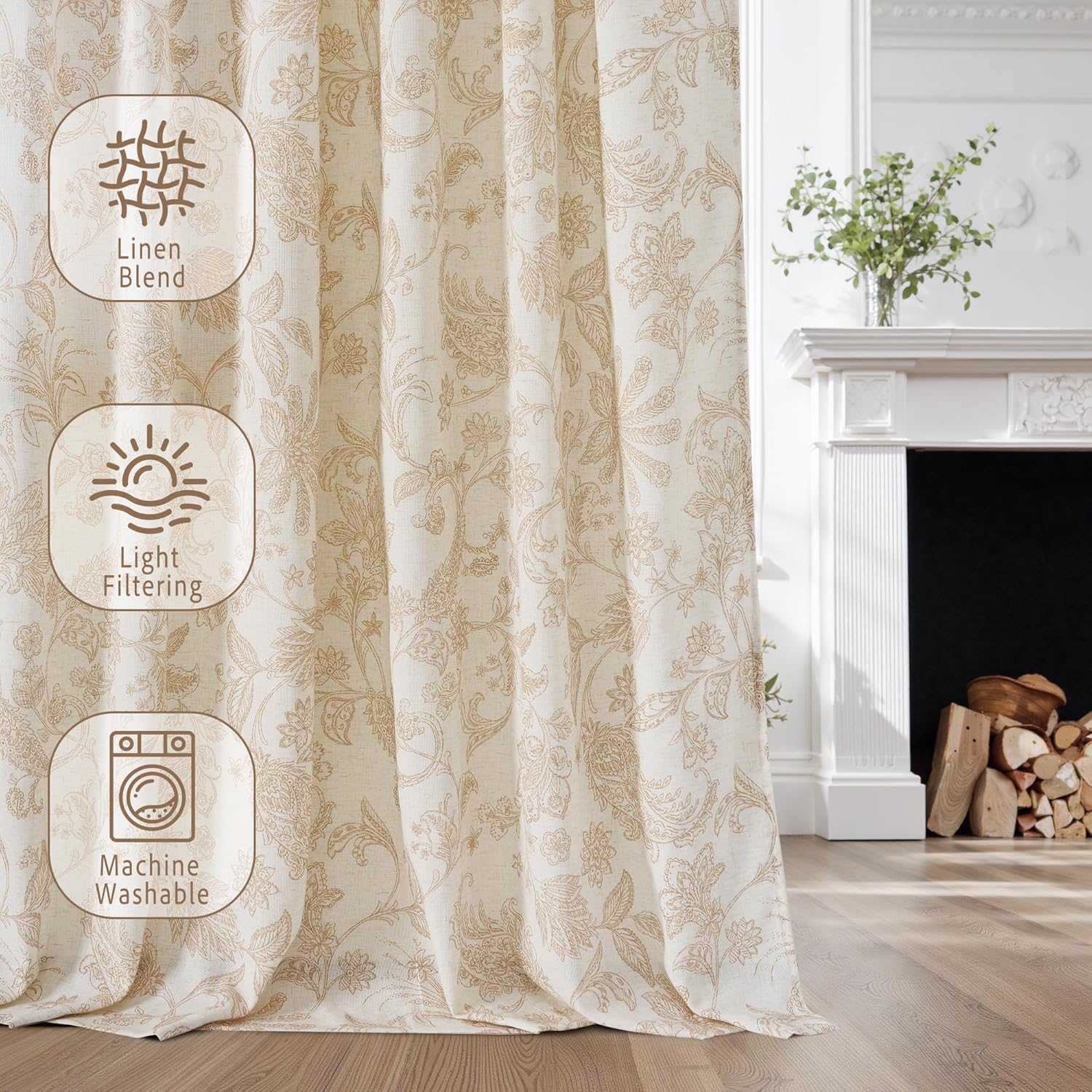 Cream linen blend curtains with a delicate brown floral pattern, offering light filtering and machine washable properties.