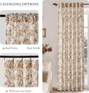 Cream linen window curtain with brown floral rose pattern, showing multiple hanging styles.