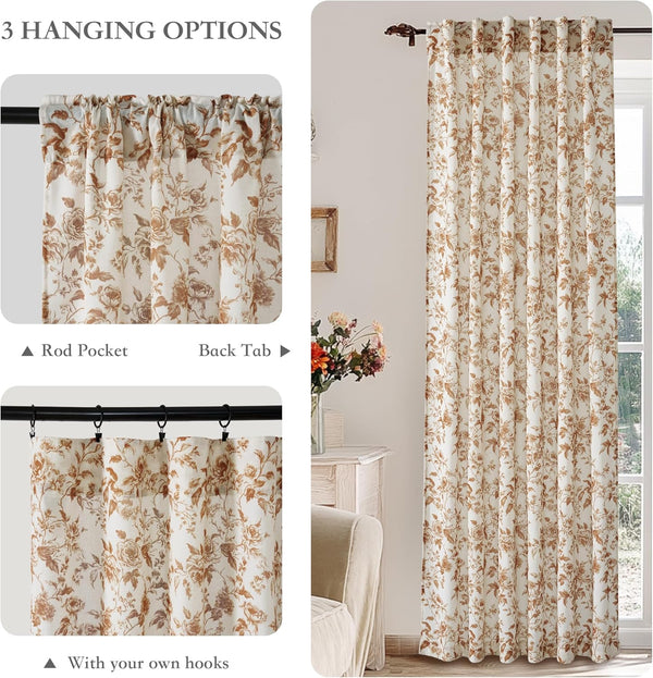Cream linen window curtain with brown floral rose pattern, showing multiple hanging styles.