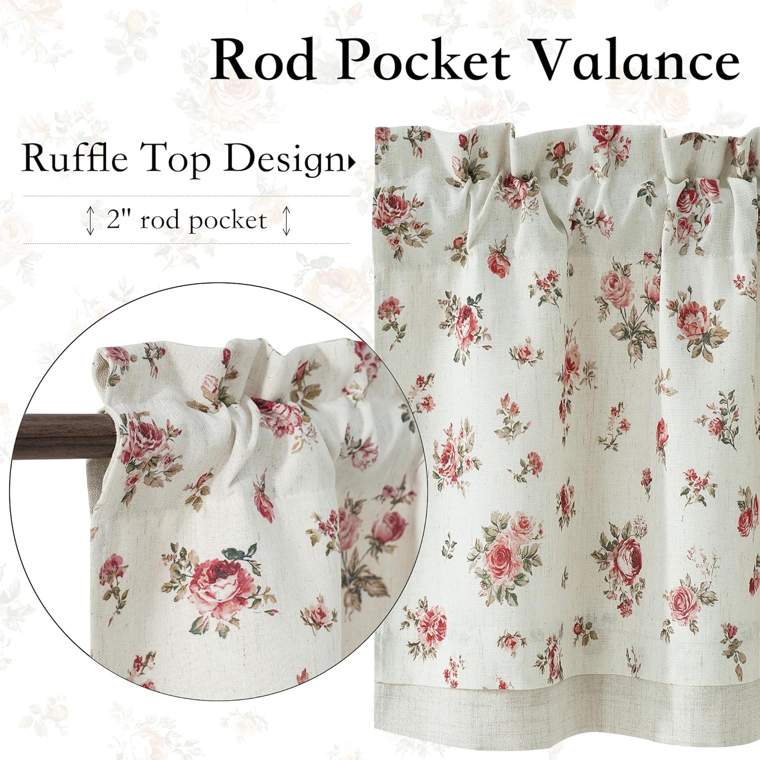 Cream valance with ruffle rod pocket top and vintage pink rose floral pattern. Features a light beige bottom hem.
