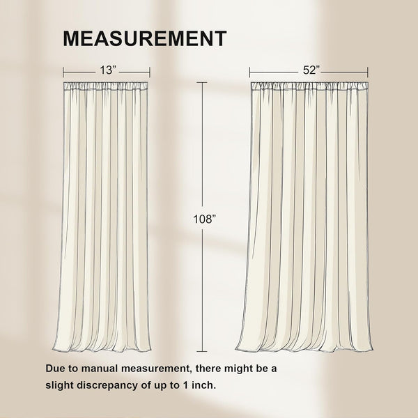 Diagram of cream gathered curtain panels showing dimensions. Includes 13" and 52" widths with 108" length.