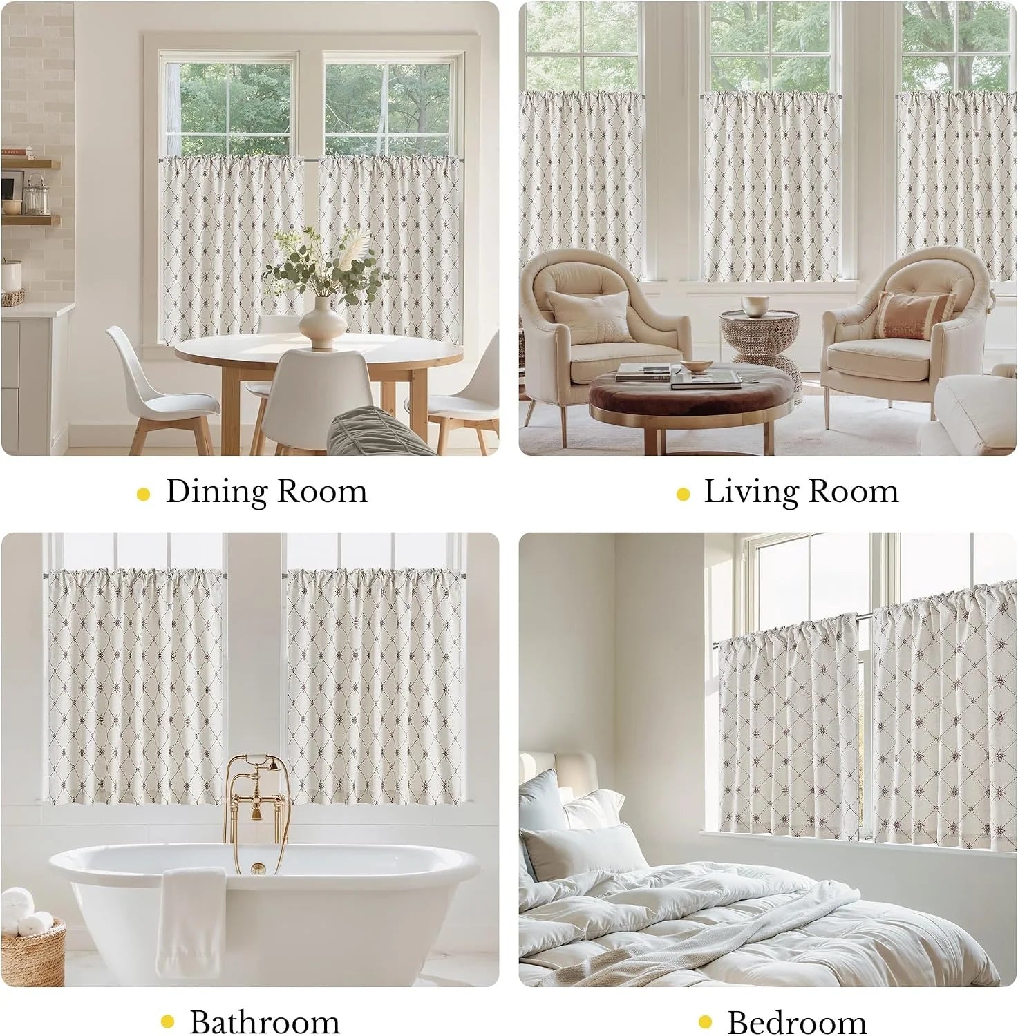 Cream geometric cafe curtains shown in dining room, living room, bathroom, and bedroom windows